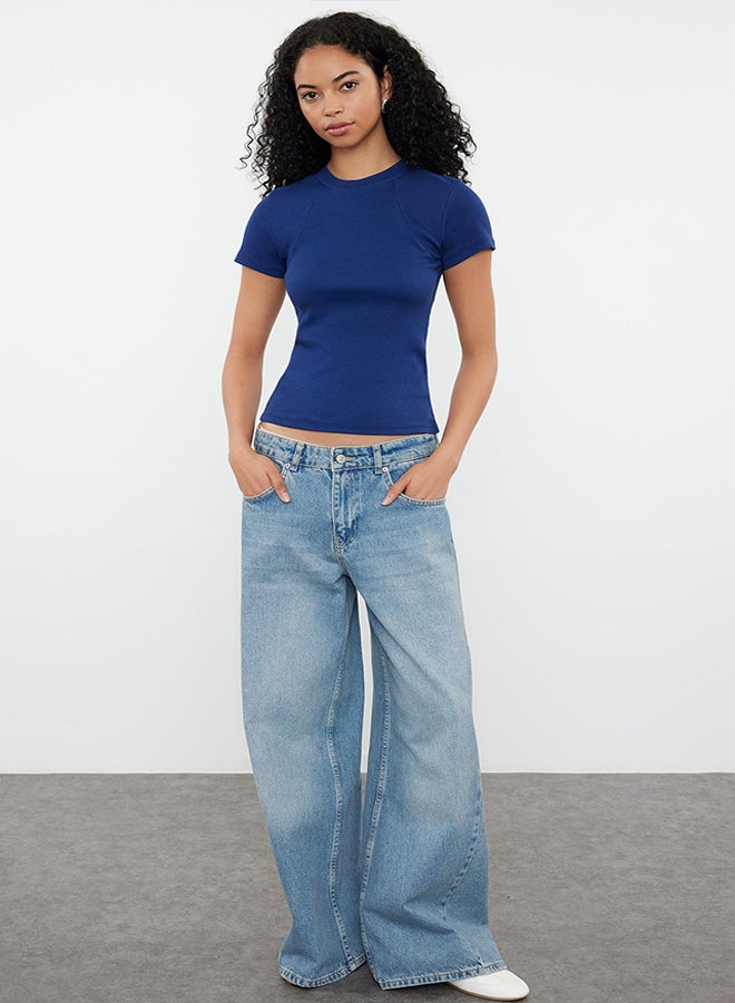 trendyol Navy Blue More Sustainable Fitted Short Sleeve Stretchy Knitted Blouse TWOSS24BZ00440  - Image 2