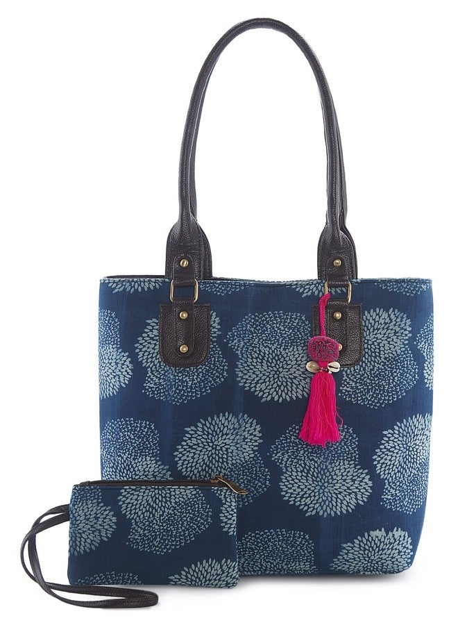 NEPRI Vegan Leather Handmade Bag For Women | Pouch Tote Bag | Printed Ajrakh - Cactus Indigo | Set Of 2 - Image 1
