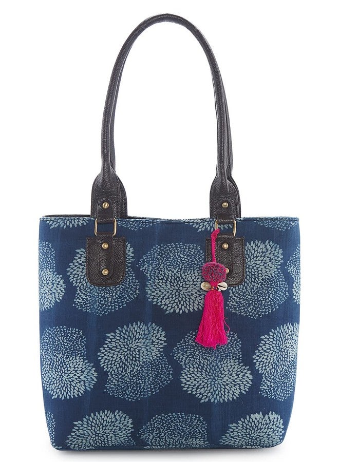 NEPRI Vegan Leather Handmade Bag For Women | Pouch Tote Bag | Printed Ajrakh - Cactus Indigo | Set Of 2 - Image 5
