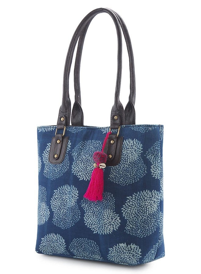 NEPRI Vegan Leather Handmade Bag For Women | Pouch Tote Bag | Printed Ajrakh - Cactus Indigo | Set Of 2 - Image 2