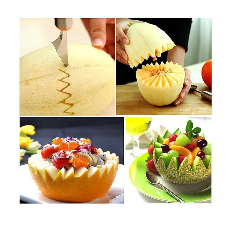AKOAK 2 Pcs Dual-Purpose Stainless Steel Melon Baller and Fruit Carving Knife,2 in 1 Kitchen Tool for Making Melon Ball and Fruit Carving or ice Cream Scooper - Image 4