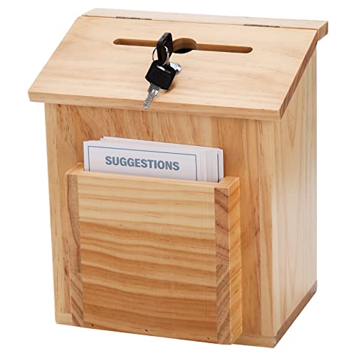 ZENFUN Wooden Suggestion Box with 50 Free Suggestion Cards, Natural Pinewood Ballot Comment Box Donation Box with Locking Hinged Lid for Countertop or Wall Mounted, 8.6" x 6.8" x 10" - Image 1