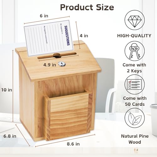 ZENFUN Wooden Suggestion Box with 50 Free Suggestion Cards, Natural Pinewood Ballot Comment Box Donation Box with Locking Hinged Lid for Countertop or Wall Mounted, 8.6" x 6.8" x 10" - Image 2