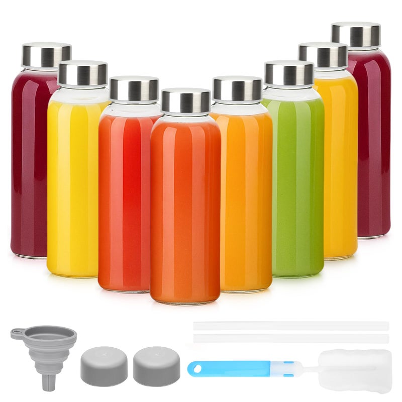 Luxfuel 10 oz Clear Glass Bottle with Lid, Reusable Glass Water Bottles with Stainless Steel Cap & Straws for Juicing, Milk, Ginger & Smoothies, Refrigerator, Leak-Proof, Juice Containers Set of 8 - Image 1