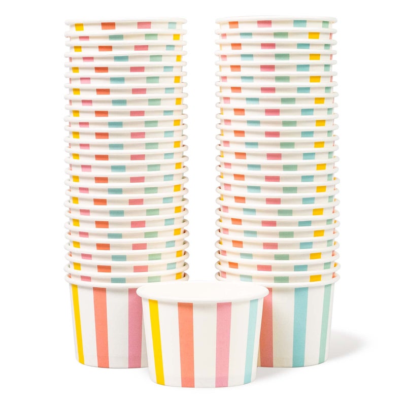 MATICAN Paper Ice Cream Cups, 50-Count 4-Oz Disposable Dessert, Snack Bowls for Hot or Cold Food, 4-Ounce Party Supplies Treat Cups for Sundae, Frozen Yogurt, Soup, Pastel Stripes - Image 1