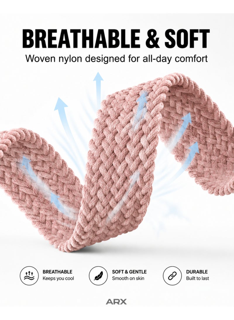 ARX Apple Watch Strap 44/45/46/49mm Compatible with Series 3 to 11 / SE / Ultra – Elastic Braided Nylon Magnetic Buckle – Pink - Image 4