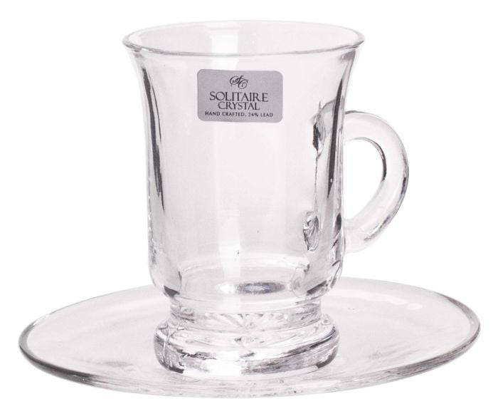سوليتير كريستال طقم بيالات شاي كريستال مع الصحون 12 قطعة – تصميم بسيط وعملي، شفاف، صنع يدويًا في الهند