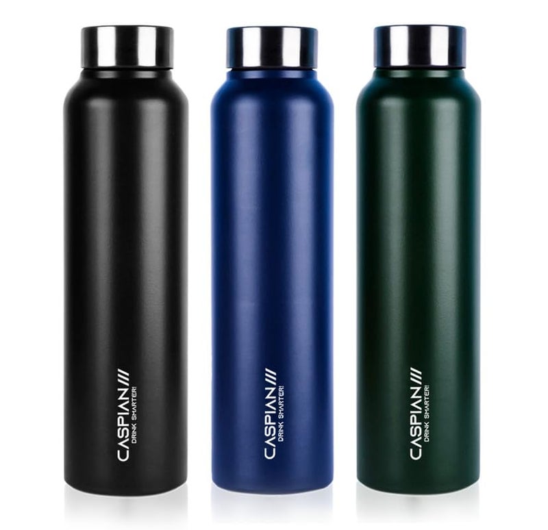 Caspian Astra Stainless Steel Water Bottle 1 ltr (Litre) for Fridge, Home, Office, School, Gym-Ideal for Adults, Men, Women, Kids, Boys, Girls-1000ml Leakproof, Rust free, Set of 3, Black Blue & Green - Image 1