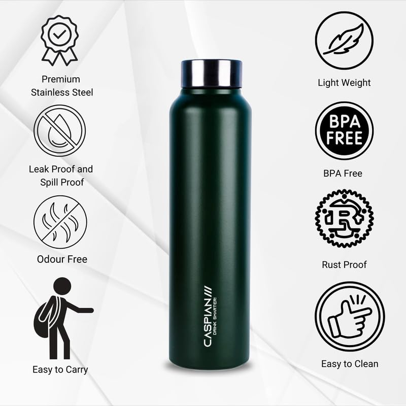 Caspian Astra Stainless Steel Water Bottle 1 ltr (Litre) for Fridge, Home, Office, School, Gym-Ideal for Adults, Men, Women, Kids, Boys, Girls-1000ml Leakproof, Rust free, Set of 3, Black Blue & Green - Image 4