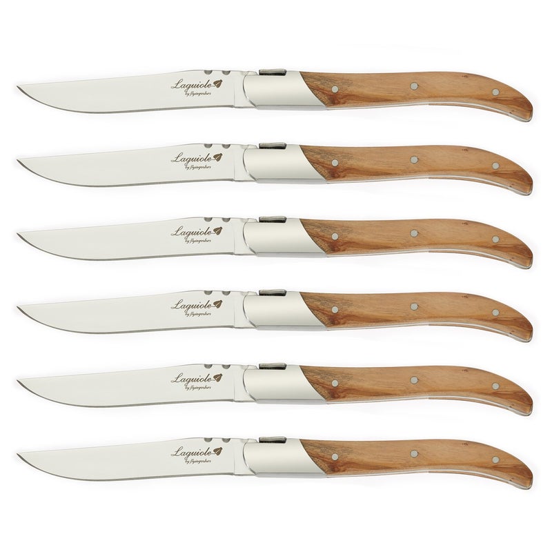 FLYINGCOLORS Flying Colors Laguiole Steak Knife Set Stainless Steel Olive Wood Handle Gift Box 6 Pieces