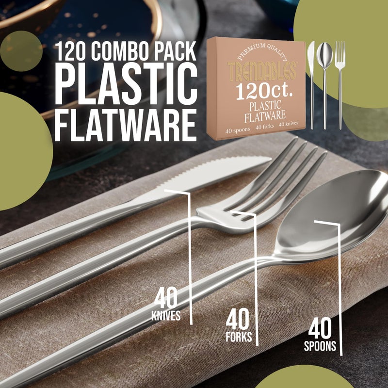 Trendables Silver Plastic Forks and Spoons Disposable Silverware Set 120 Pack Plastic Utensils Set Includes 3 x 40 each Knives & Soup Spoons & Silver Forks Disposable Cutlery For Parties and Events by Trendables - Image 2
