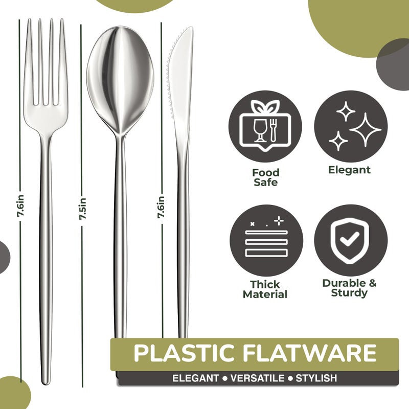 Trendables Silver Plastic Forks and Spoons Disposable Silverware Set 120 Pack Plastic Utensils Set Includes 3 x 40 each Knives & Soup Spoons & Silver Forks Disposable Cutlery For Parties and Events by Trendables - Image 1