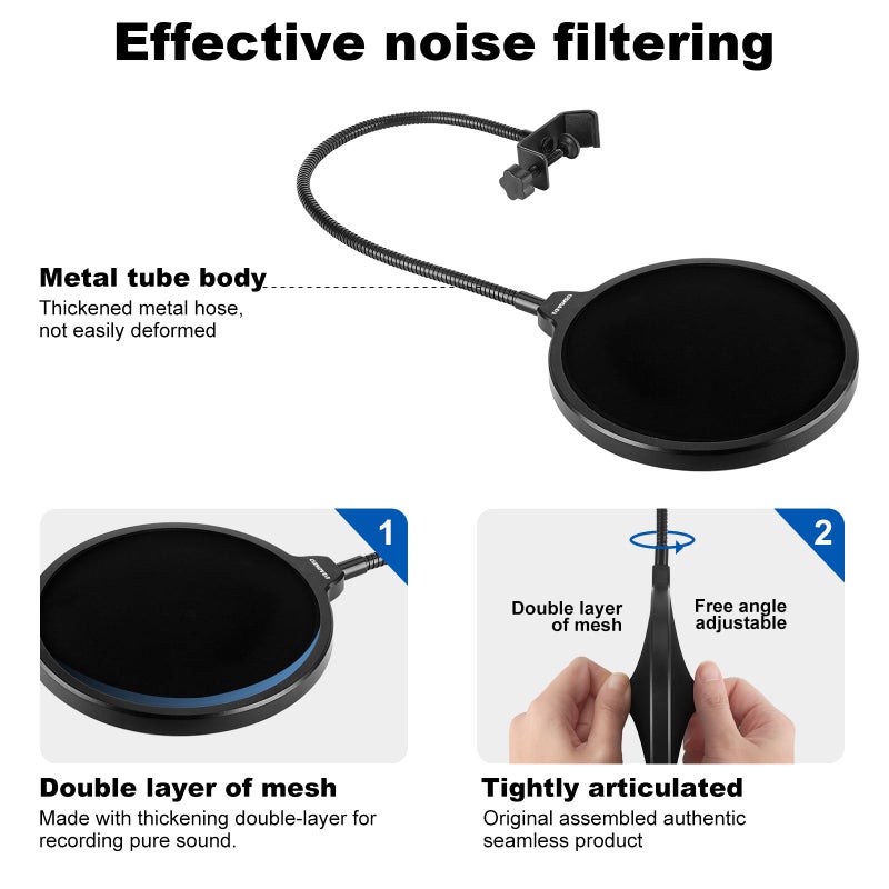 Aokeo Professional Microphone Pop Filter Mask Shield For Blue Yeti and Any Other Microphone,Mic Dual Layered Wind Pop Screen With Flexible 360Â° Gooseneck Clip Stabilizing Arm - Image 4