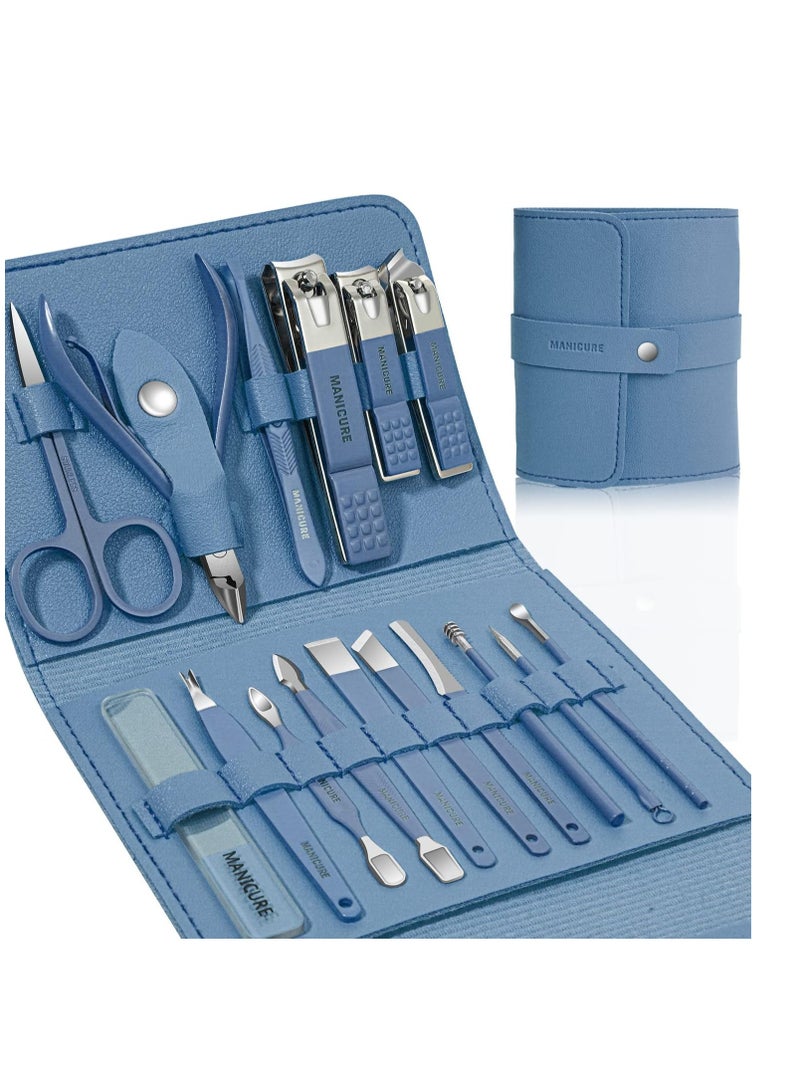 Generic Professional Nail Art Kit 16 Pieces Stainless Steel Nail Art Tools with Luxury Leather Travel Case for Thick Nails, Gift for Men and Women (Blue)  - Image 1