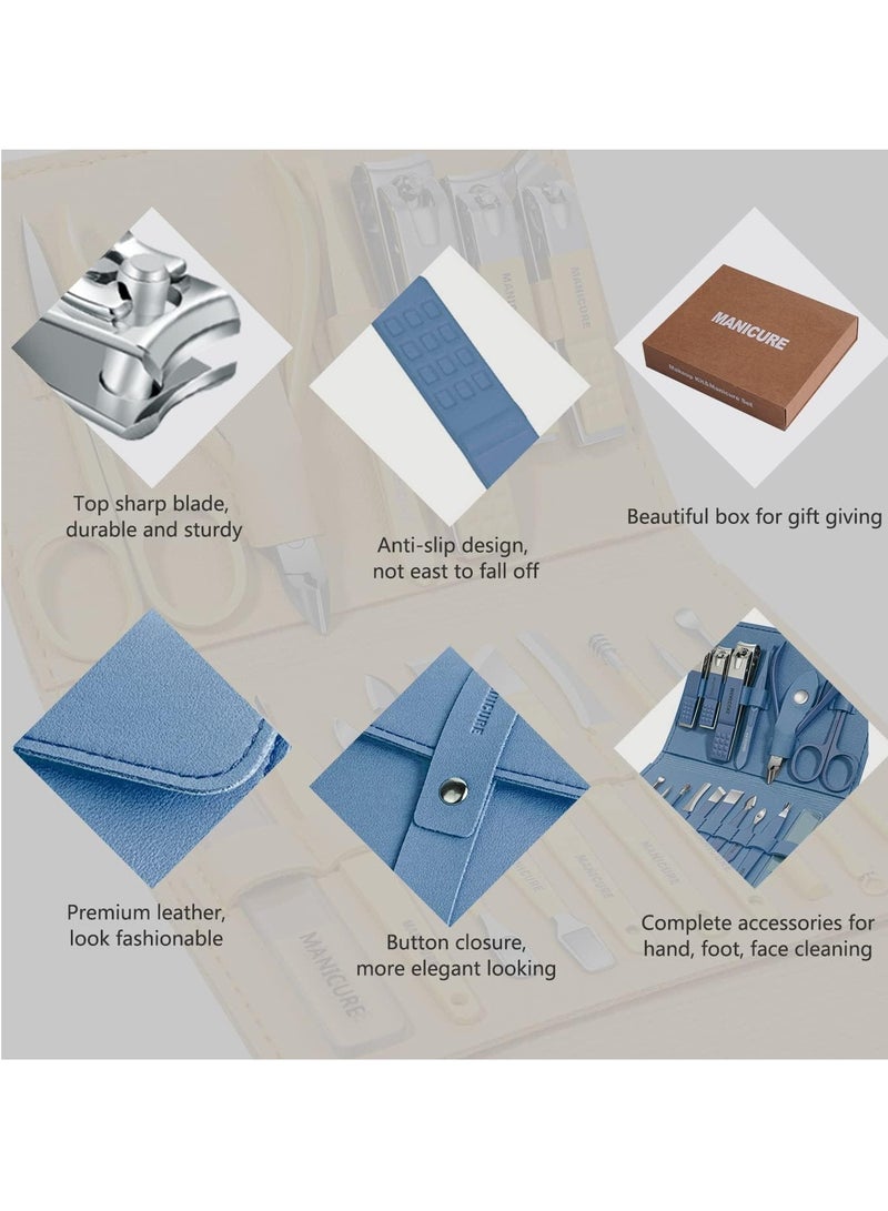 Generic Professional Nail Art Kit 16 Pieces Stainless Steel Nail Art Tools with Luxury Leather Travel Case for Thick Nails, Gift for Men and Women (Blue)  - Image 3