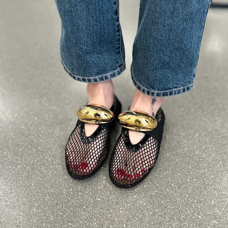 Niche Metal Mesh Flat Shoes Comfortable Hollow Shallow Mouth Breathable Single-Layer Shoes Summer Golden Ballet Shoes Mary Jane - Image 4