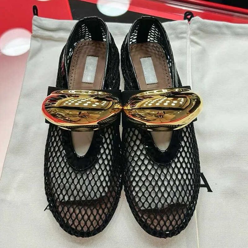 Niche Metal Mesh Flat Shoes Comfortable Hollow Shallow Mouth Breathable Single-Layer Shoes Summer Golden Ballet Shoes Mary Jane - Image 1