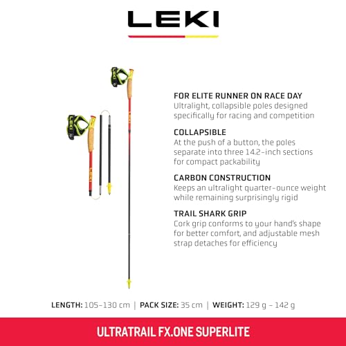Leki عصا تسلق خفيفة الوزن قابلة للطي من LEKI Ultratrail FX.One Superlite Carbon للتنزه والجري على المسارات - أحمر-أصفر-كربون - 130 سم - Image 2