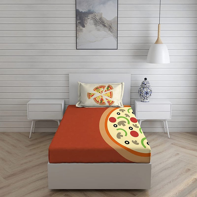 BOUTIQUE LIVING BOUTIQUE LIVING 100 Cotton Bedsheet for Single Bed with Pillow Cover 200 TC CreamRed Pizza Pattern Rock Room Collection Light Weight Breathable Moisture Absorbent All Season Comfort - Image 2