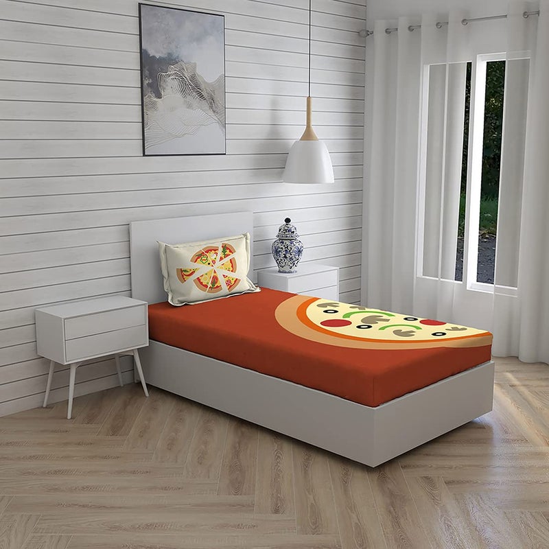 BOUTIQUE LIVING BOUTIQUE LIVING 100 Cotton Bedsheet for Single Bed with Pillow Cover 200 TC CreamRed Pizza Pattern Rock Room Collection Light Weight Breathable Moisture Absorbent All Season Comfort - Image 1