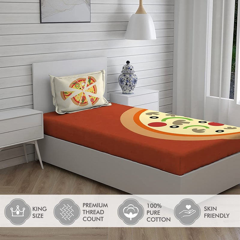BOUTIQUE LIVING BOUTIQUE LIVING 100 Cotton Bedsheet for Single Bed with Pillow Cover 200 TC CreamRed Pizza Pattern Rock Room Collection Light Weight Breathable Moisture Absorbent All Season Comfort - Image 3