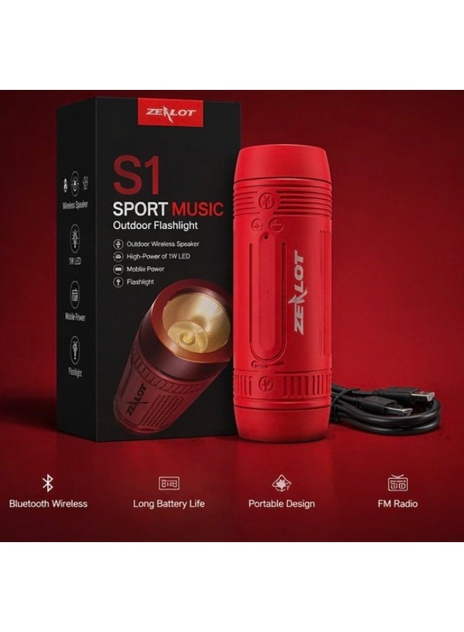 ZEALOT S1 LED Flashlight with Bluetooth Speaker & Power Bank, Outdoor Waterproof Torch with FM Radio – Portable Rechargeable (Red/Cyan) - Image 1