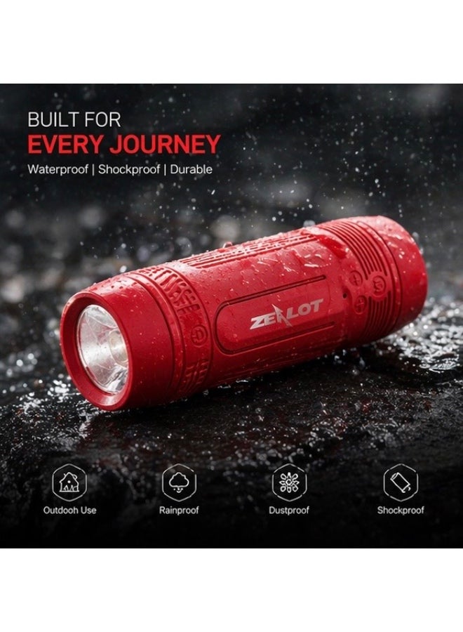 ZEALOT S1 LED Flashlight with Bluetooth Speaker & Power Bank, Outdoor Waterproof Torch with FM Radio – Portable Rechargeable (Red/Cyan) - Image 3