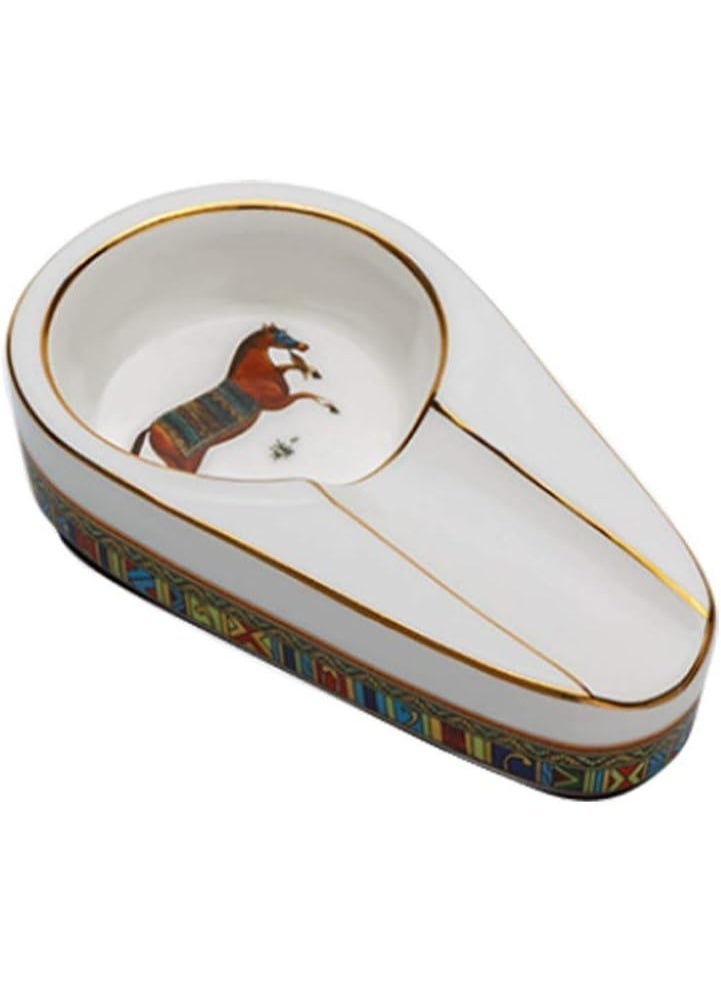 Hemingway Luxury Ceramic Cigar Ashtray with Horse Artwork – Single Cigar Rest Oval Design, Small White Decorative Ash Tray - Image 2