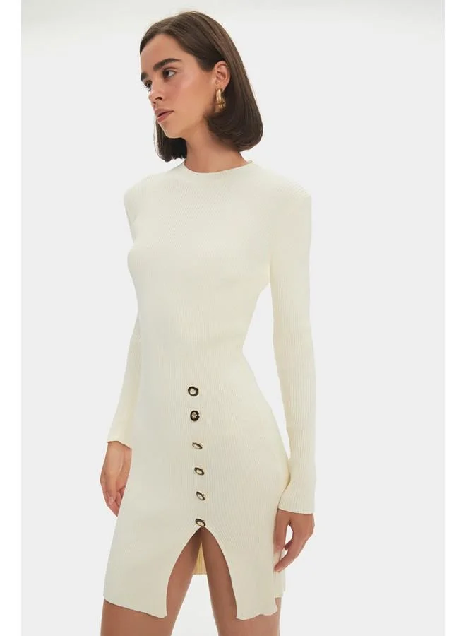 JUNE June Women Long Sleeve Slit Detailed Mini Knitwear Dress Ecru
