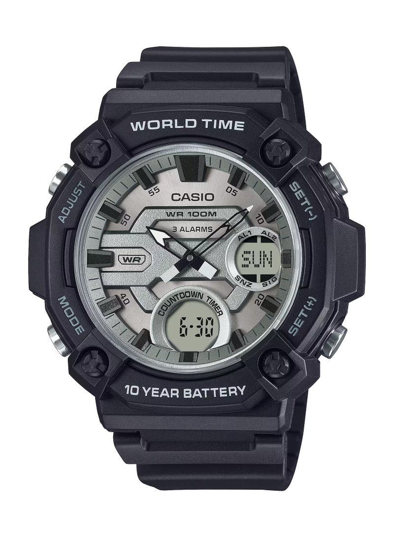 CASIO ساعة رقمية تناظرية بقرص فضي وحزام ريزين AEQ-120W-7AV