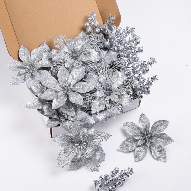 Choonshow 24Pcs Silver Glitter Poinsettia Christmas Tree Ornaments and Glitter Berries Stems  16Pcs Christmas Artificial Flowers and 8 Pack Christmas Tree Picks for Wedding Holiday Decorations - Image 1
