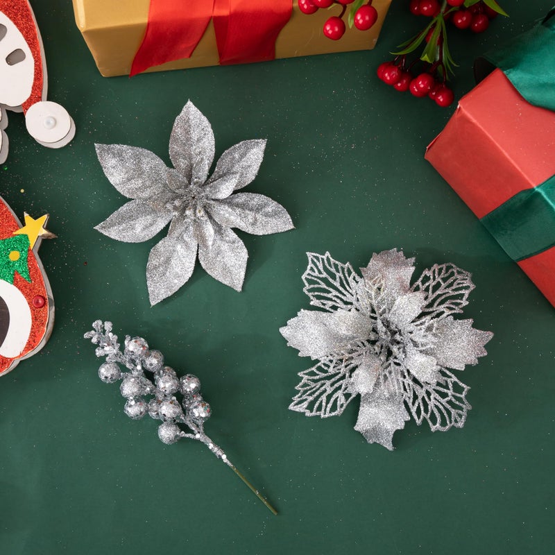Choonshow 24Pcs Silver Glitter Poinsettia Christmas Tree Ornaments and Glitter Berries Stems  16Pcs Christmas Artificial Flowers and 8 Pack Christmas Tree Picks for Wedding Holiday Decorations - Image 3