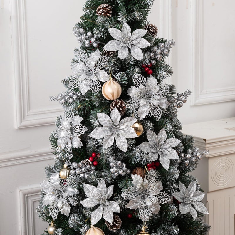 Choonshow 24Pcs Silver Glitter Poinsettia Christmas Tree Ornaments and Glitter Berries Stems  16Pcs Christmas Artificial Flowers and 8 Pack Christmas Tree Picks for Wedding Holiday Decorations - Image 4