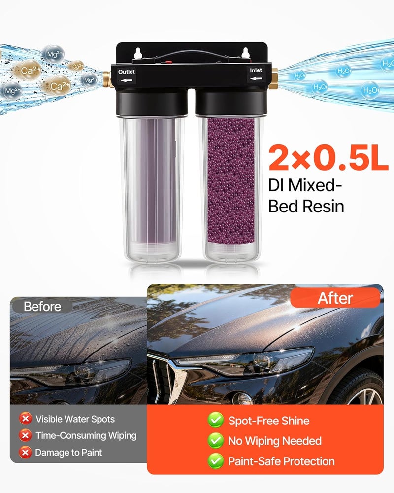 VEVOR Deionized Water System for Car Wash, Spotless Car Wash Water System with 2 x 0.5L Color Changing Resin, Spot-Free Deionized Water Filter for Cars RVs Motorcycles Windows - Image 3