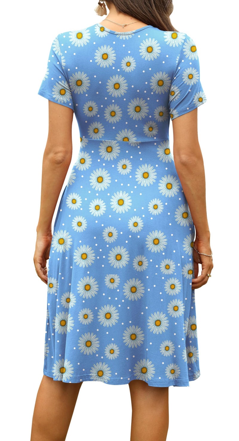 WEACZZY Summer Dresses for Women 2025 Slim Fit Spring Flowy Dress for Women Loose Pleated Dress,Floral Daisy Blue,L - Image 4