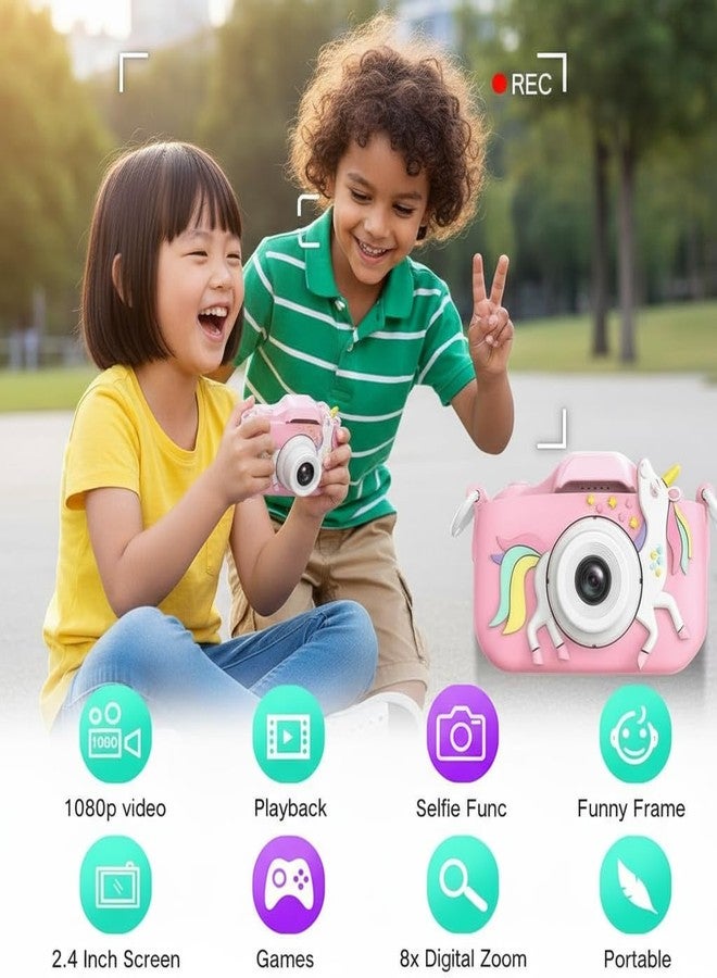 MAVOKIS Unicorn Kids Camera for Girls 3-9 Years, 1080P HD Video Camcorder with Selfie, Games & Photo Frames, 2” Screen, Rechargeable, 4GB SD Card - Best Birthday Gift (Pink) - Image 3