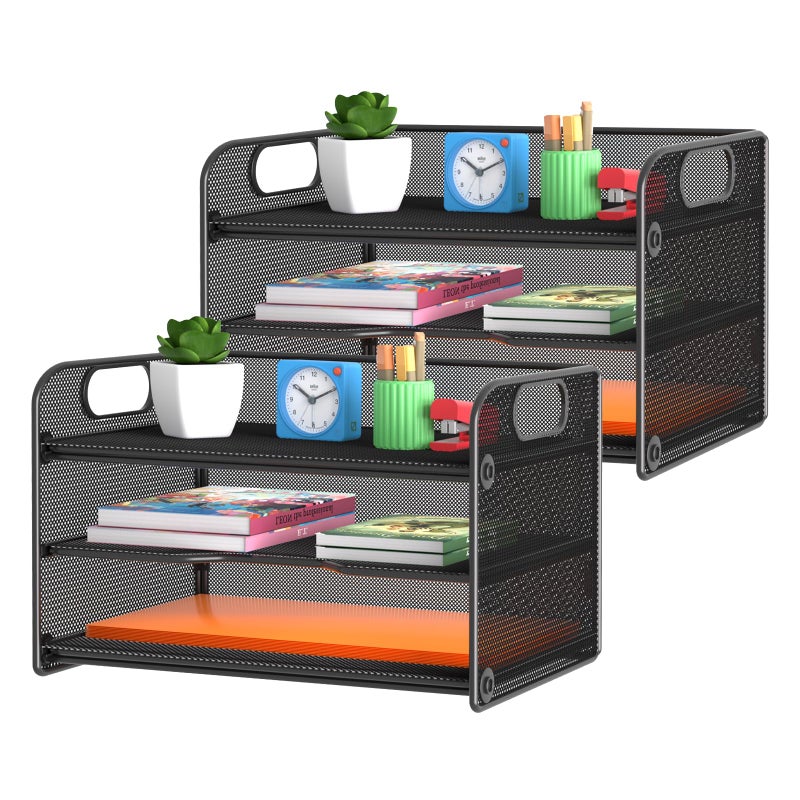 samstar 2 Pack 3 Tier Letter Tray Paper Organizer with Handle, Mesh Desk Organizer Paper Sorter File Rack Shelves, Black - Image 1