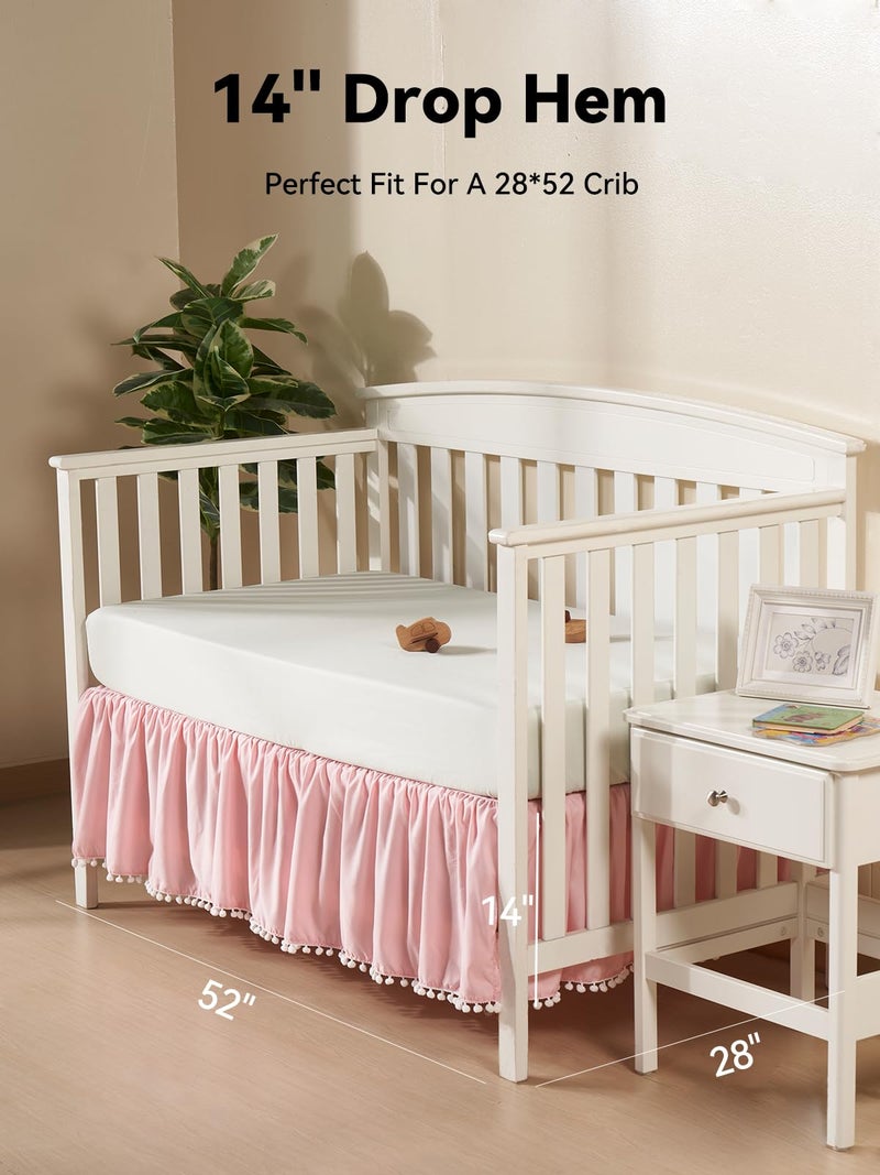 TILLYOU Baby Crib Skirt Girls Boys, Ruffled Bed Skirt with Pompoms, 28â€x 52â€, 14'' Drop, Pink - Image 3
