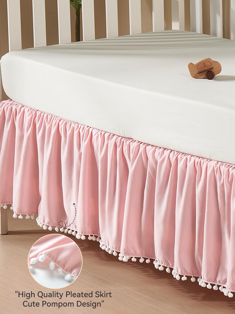 TILLYOU Baby Crib Skirt Girls Boys, Ruffled Bed Skirt with Pompoms, 28â€x 52â€, 14'' Drop, Pink - Image 5