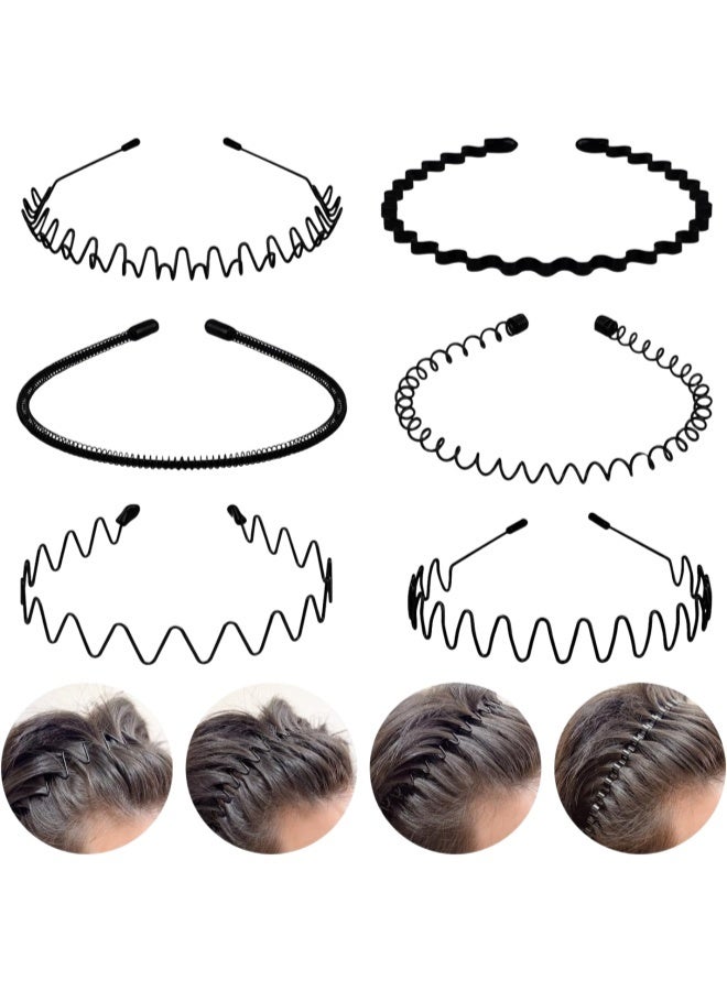 6 Pack Metal Hair Bands Feather Wavy Headband Unisex Black Wavy Headband Polished Backwards Non-Slip Sports Hair Band for Women And Men - Image 1