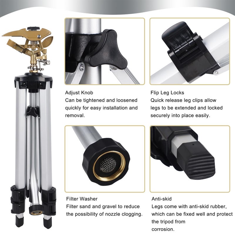 Biswing Large Impact Sprinkler Head on Tripod Base, Adjustable Zinc Alloy Lawn Sprinklers for Yard Lawn Garden, 3/4" NH Connector, 360 Degree Large Area Coverage Irrigator with Extension Legs, 1 Pack - Image 5