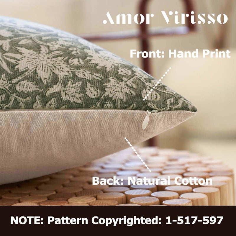 Amor Virisso Floral Throw Pillow Covers 18x18 Couch Pillows for Living Room Decorative Accent Pillow Covers Block Print Farmhouse Neutral Pillow Covers Sofa Pillows 1PC, Dusty Green - Image 2