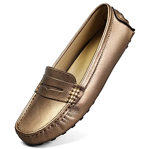 Artisure Women's Classic Handsewn Metallic Rose Gold Leather Penny Loafers Driving Moccasins Casual Boat Shoes Slip On Fashion Office Comfort Flats 7 M US SKS-1221MGJ070 - Image 1