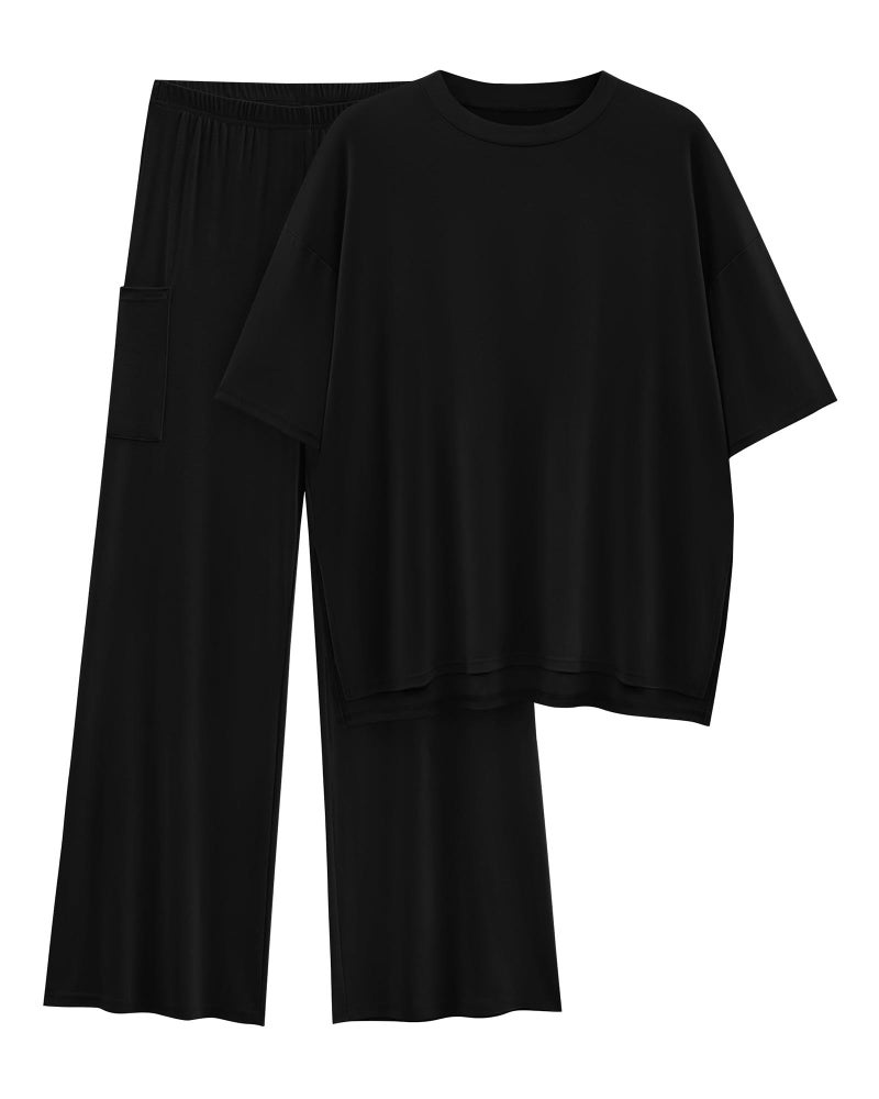 KIRUNDO Womens Sweatsuits 2 Piece Set Casual Loose Short Sleeve Pullover Tunic Tops and Wide Leg Pants Loungewear Sets Woman Tracksuit Outfits(Black, X-Large) - Image 1