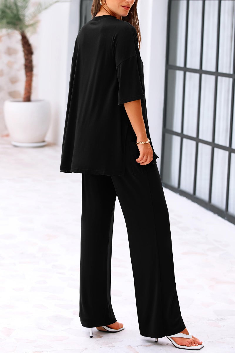 KIRUNDO Womens Sweatsuits 2 Piece Set Casual Loose Short Sleeve Pullover Tunic Tops and Wide Leg Pants Loungewear Sets Woman Tracksuit Outfits(Black, X-Large) - Image 2