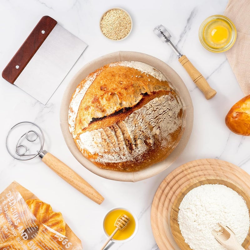 REMEIT Banneton Bread Proofing Basket, Round 10 Inch Sourdough Starter Kit, Sourdough Bread Baking Supplies with Sourdough Proofing Basket Danish Dough Whisk Scoring Lame Dough Scraper Bread Bag with Sticker - Image 2