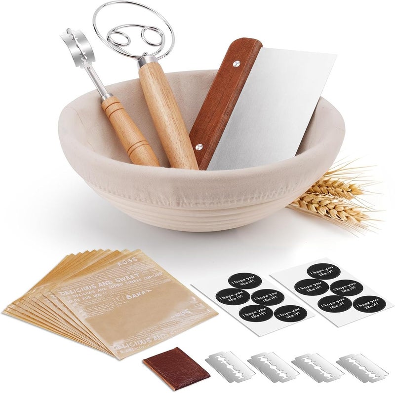 REMEIT Banneton Bread Proofing Basket, Round 10 Inch Sourdough Starter Kit, Sourdough Bread Baking Supplies with Sourdough Proofing Basket Danish Dough Whisk Scoring Lame Dough Scraper Bread Bag with Sticker - Image 1