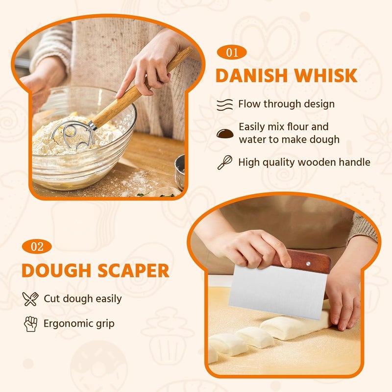 REMEIT Banneton Bread Proofing Basket, Round 10 Inch Sourdough Starter Kit, Sourdough Bread Baking Supplies with Sourdough Proofing Basket Danish Dough Whisk Scoring Lame Dough Scraper Bread Bag with Sticker - Image 5