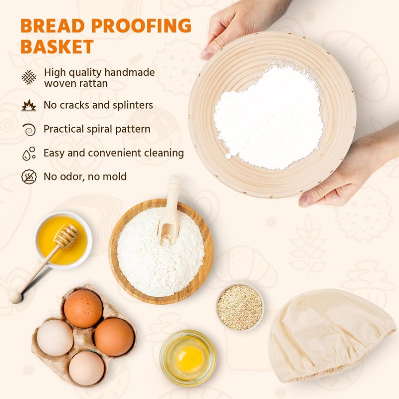 REMEIT Banneton Bread Proofing Basket, Round 10 Inch Sourdough Starter Kit, Sourdough Bread Baking Supplies with Sourdough Proofing Basket Danish Dough Whisk Scoring Lame Dough Scraper Bread Bag with Sticker - Image 4