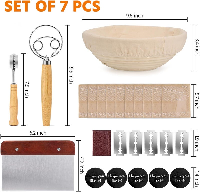 REMEIT Banneton Bread Proofing Basket, Round 10 Inch Sourdough Starter Kit, Sourdough Bread Baking Supplies with Sourdough Proofing Basket Danish Dough Whisk Scoring Lame Dough Scraper Bread Bag with Sticker - Image 3